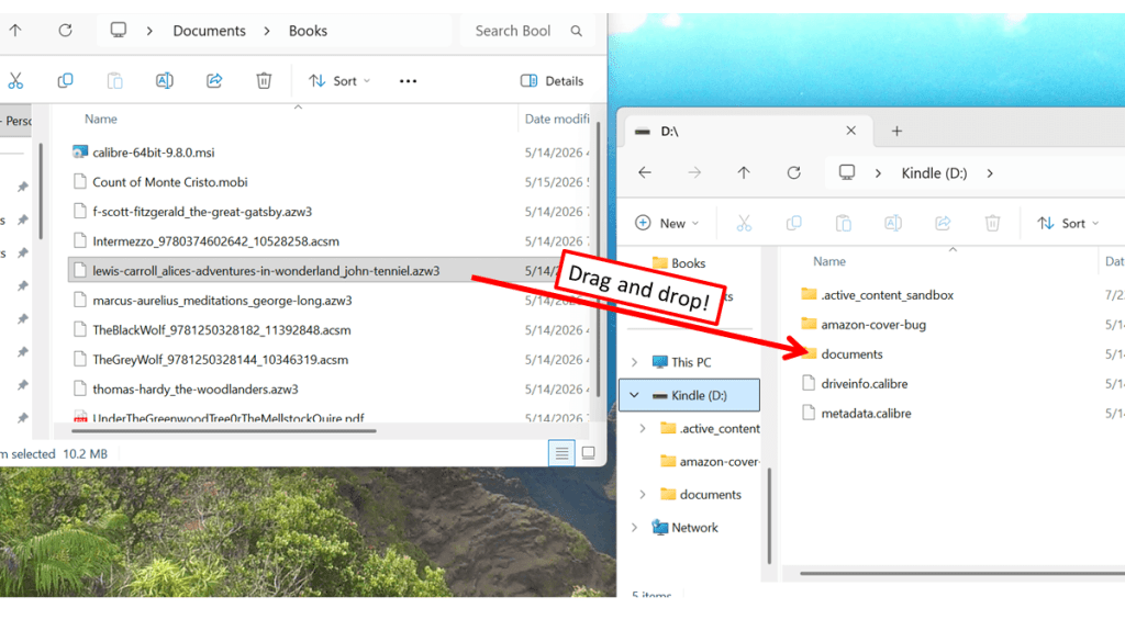 Two windows are open on a laptop screen showing the transfer of a book file from the computer to the attached Kindle.