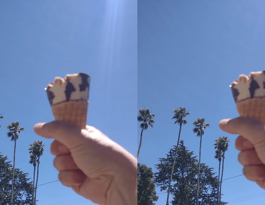 Two almost identical photos, side-by-side, show a hand holding a So Delicious vegan sundae cone up to the sky like a torch.