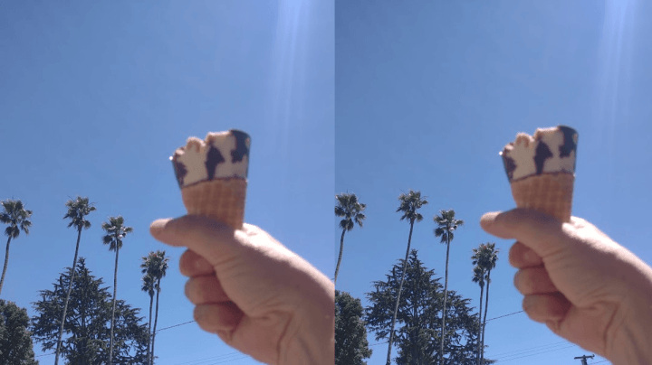 Two almost identical photos, side-by-side, show a hand holding a So Delicious vegan sundae cone up to the sky like a torch.